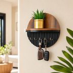 Modern Round Wooden Key Holder with Shelf | Walnut Finish