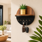 Modern Round Wooden Key Holder with Shelf | Walnut Finish