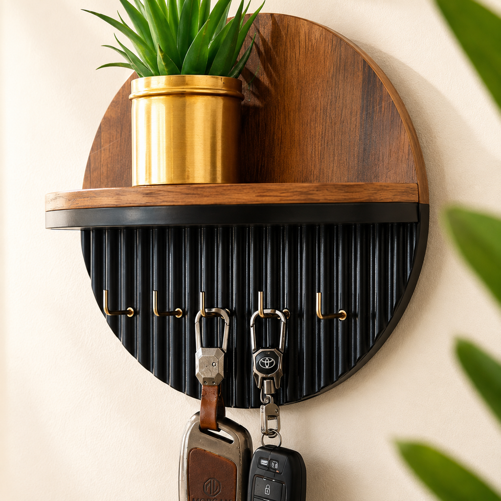 Modern Round Wooden Key Holder with Shelf | Walnut Finish