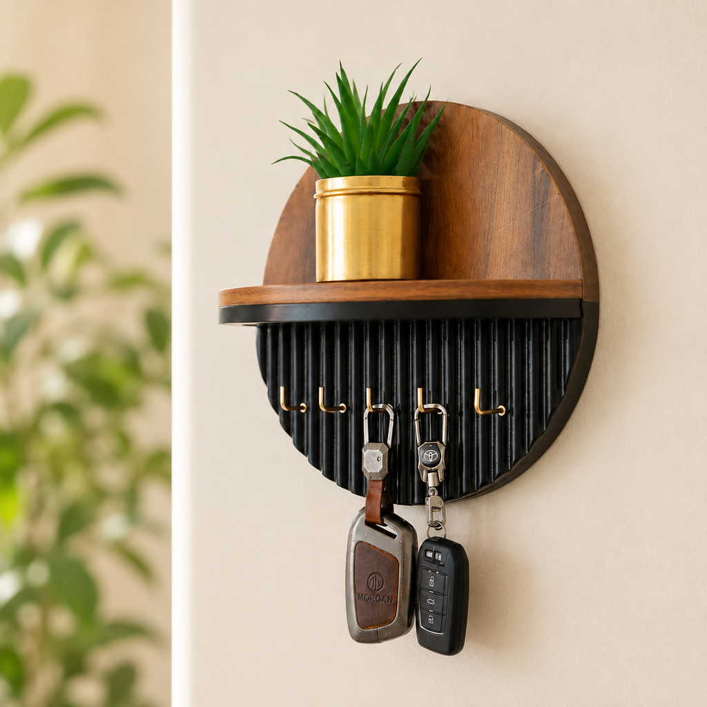 Round wall-mounted key rack with a wooden shelf holding a small potted plant and five black hooks with gold-tone metal keys hanging below, shown mounted on a beige wall with a blurred plant in the background.