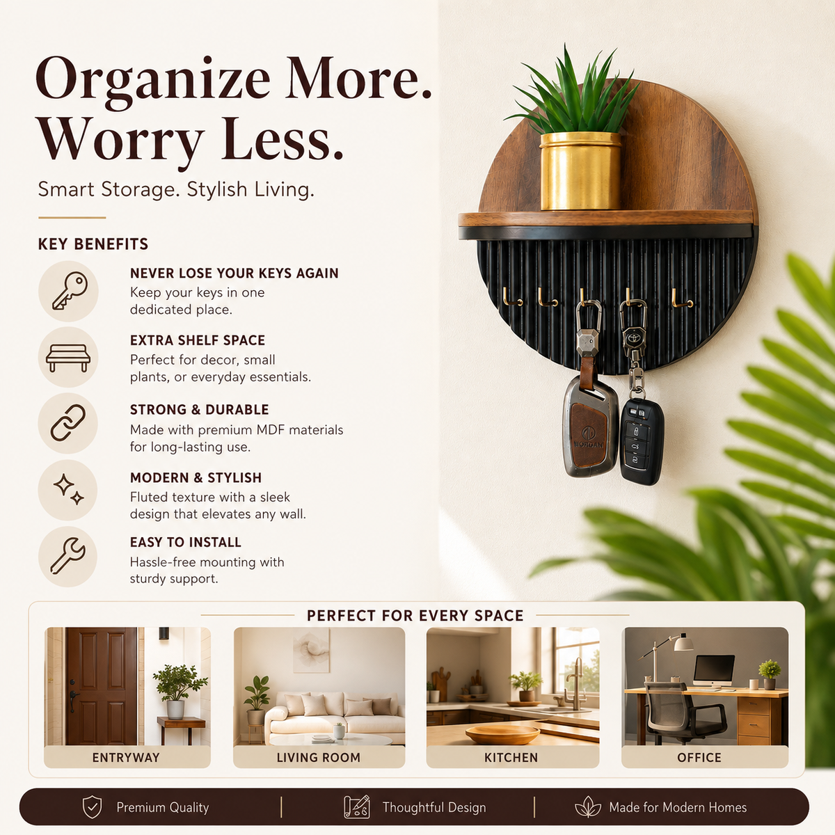 Modern Round Wooden Key Holder with Shelf | Walnut Finish