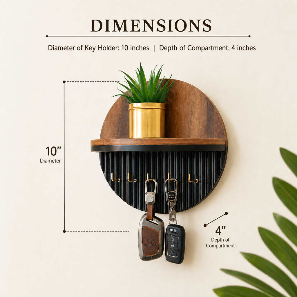 Modern Round Wooden Key Holder with Shelf | Walnut Finish