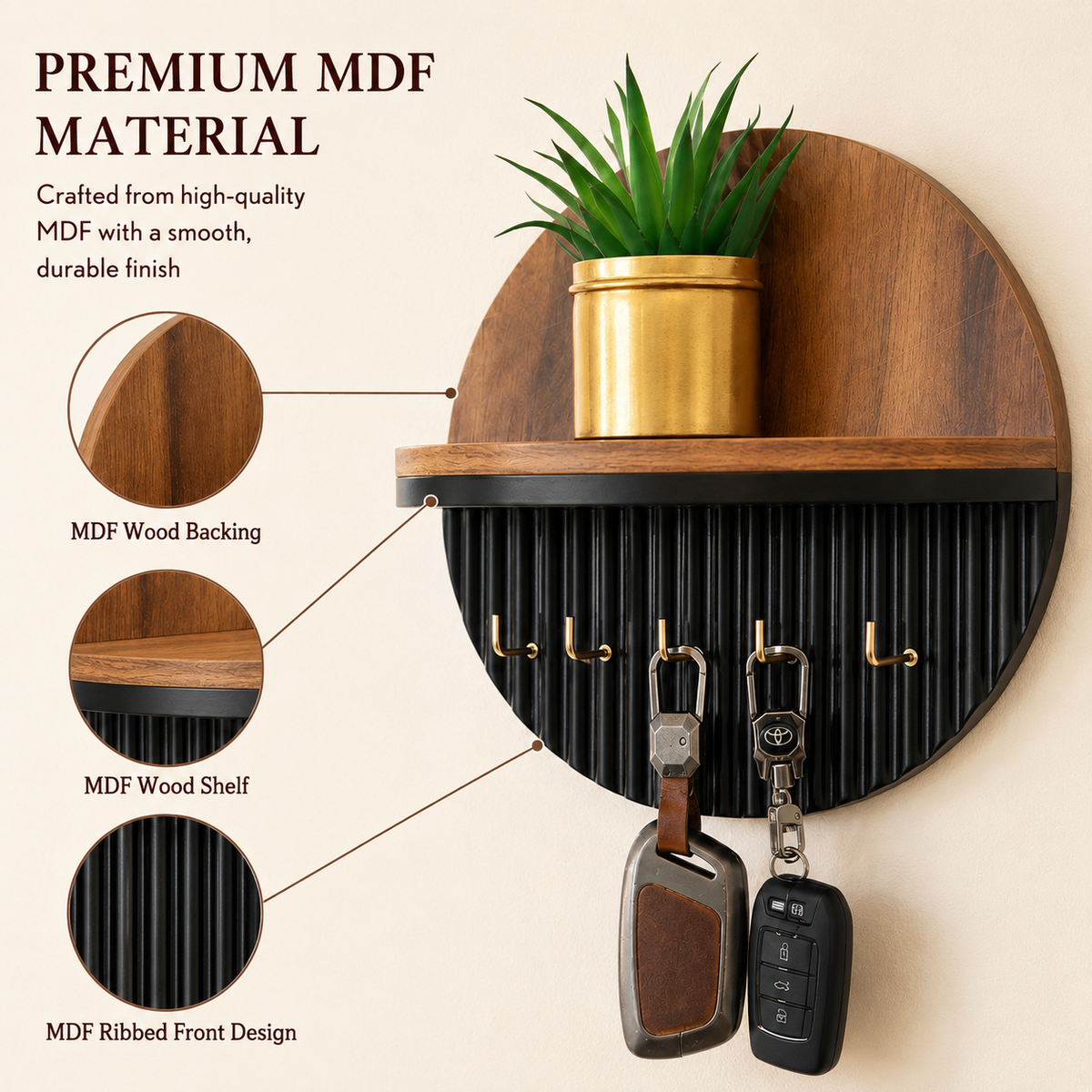 Modern Round Wooden Key Holder with Shelf | Walnut Finish